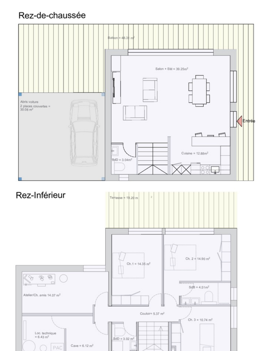 Plans d'architecte Rez-de-chaussée et Rez-Inférieur